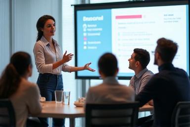 Un formatore che presenta a un piccolo gruppo di dipendenti in un ambiente moderno di ufficio, con proiezioni su uno schermo.